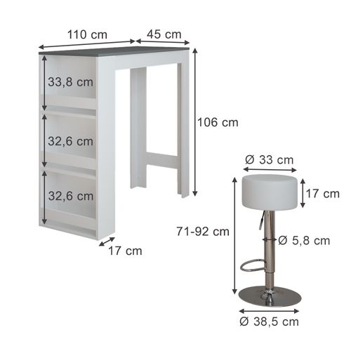 Set De Table De Bar Repose 55726 Blanc/anthracite 45x110cm Avec 2 Tabourets De Bar