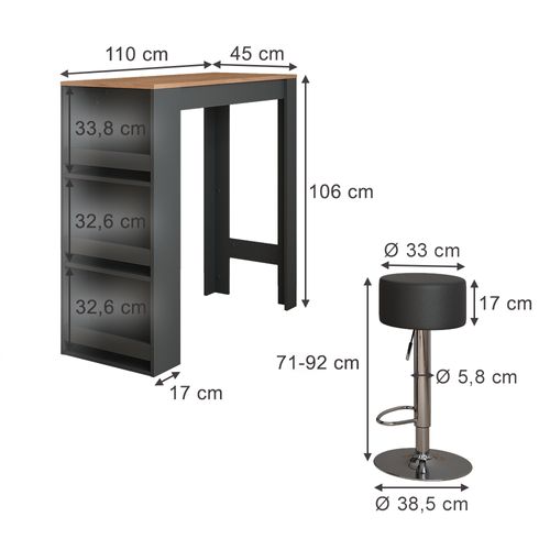 Set De Table De Bar Repose 55727 Anthracite/chêne Doré 45x110cm Avec 2 Tabourets De Bar