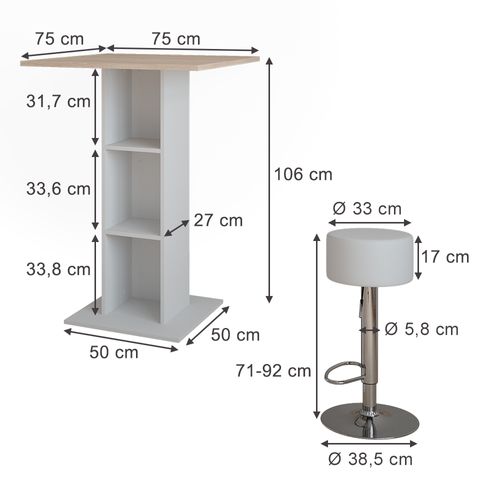 Set De Table De Bar Repose 55728 Blanc/sonoma 75x75cm Avec 2 Tabourets De Bar