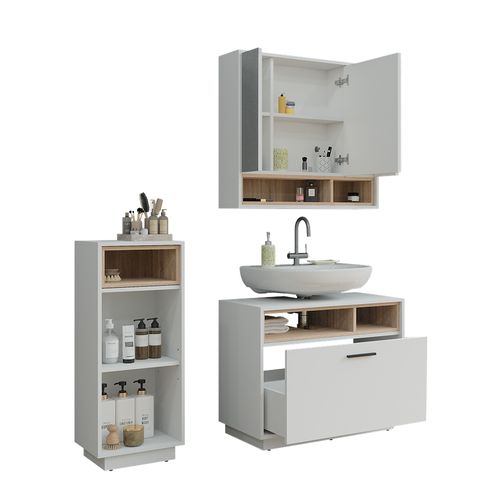 Ensemble De Meubles De Salle De Bains Beatrice 55780 Blanc/sonoma 3 Pièces Avec Armoire De Milieu