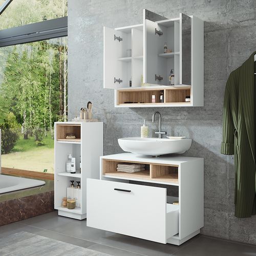 Ensemble De Meubles De Salle De Bains Beatrice 55780 Blanc/sonoma 3 Pièces Avec Armoire De Milieu