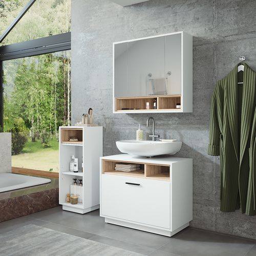 Ensemble De Meubles De Salle De Bains Beatrice 55780 Blanc/sonoma 3 Pièces Avec Armoire De Milieu