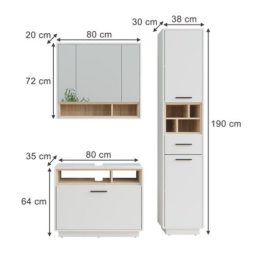 Ensemble De Meubles De Salle De Bains Beatrice 55781 Blanc/sonoma 3 Pièces Avec Armoire Haute