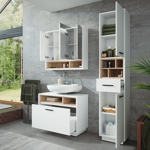 Ensemble De Meubles De Salle De Bains Beatrice 55781 Blanc/sonoma 3 Pièces Avec Armoire Haute