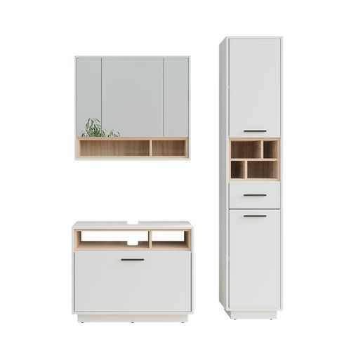 Ensemble De Meubles De Salle De Bains Beatrice 55781 Blanc/sonoma 3 Pièces Avec Armoire Haute