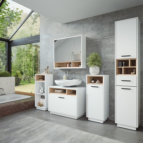 Ensemble De Meubles De Salle De Bains Beatrice 55781 Blanc/sonoma 3 Pièces Avec Armoire Haute