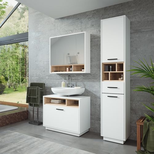Ensemble De Meubles De Salle De Bains Beatrice 55781 Blanc/sonoma 3 Pièces Avec Armoire Haute