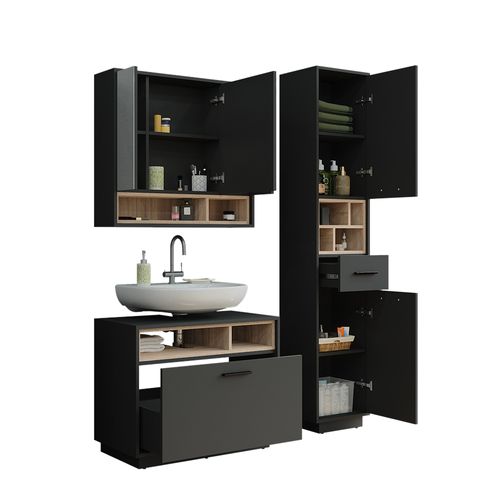 Ensemble De Meubles De Salle De Bains Beatrice 55785 Anthracite/sonoma 3 Pièces Avec Armoire Haute