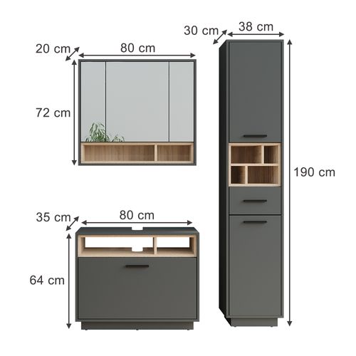 Ensemble De Meubles De Salle De Bains Beatrice 55785 Anthracite/sonoma 3 Pièces Avec Armoire Haute