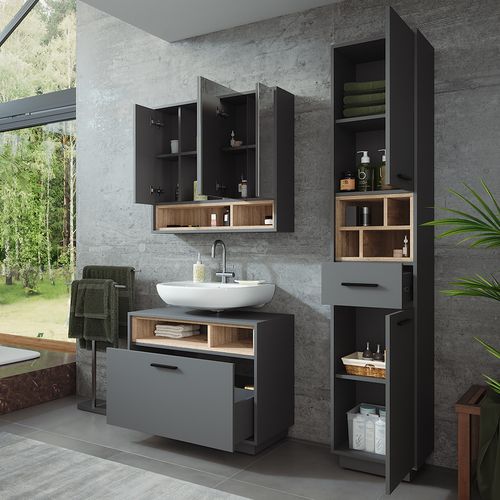 Ensemble De Meubles De Salle De Bains Beatrice 55785 Anthracite/sonoma 3 Pièces Avec Armoire Haute