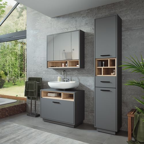 Ensemble De Meubles De Salle De Bains Beatrice 55785 Anthracite/sonoma 3 Pièces Avec Armoire Haute