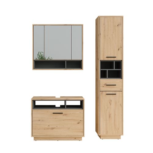 Meubles Bain Beatrice 55789 Chêne Artisan/anthracite 3 Pièces Avec Armoire Haute
