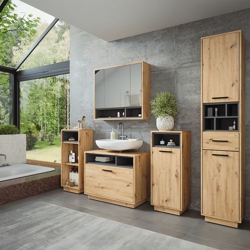 Meubles Bain Beatrice 55789 Chêne Artisan/anthracite 3 Pièces Avec Armoire Haute