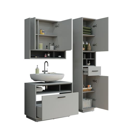 Ensemble De Meubles De Salle De Bains Beatrice 55793 Gris/anthracite 3 Pièces Avec Armoire Haute