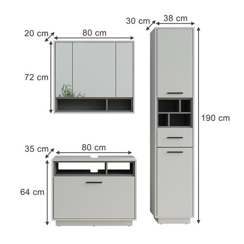 Ensemble De Meubles De Salle De Bains Beatrice 55793 Gris/anthracite 3 Pièces Avec Armoire Haute