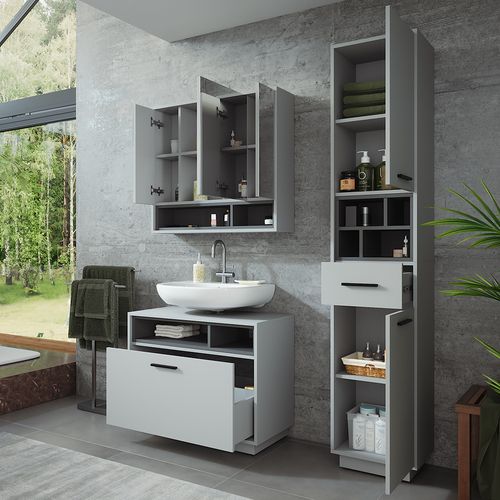 Ensemble De Meubles De Salle De Bains Beatrice 55793 Gris/anthracite 3 Pièces Avec Armoire Haute