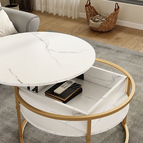 Table Basse Marlo, Blanc/Doré, 77x77cm