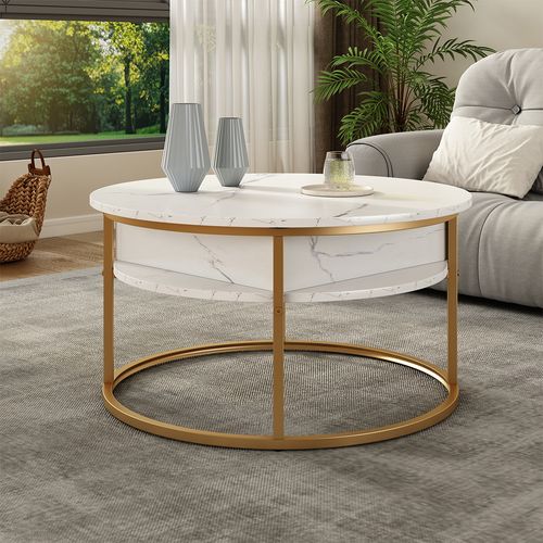 Table Basse Marlo, Blanc/Doré, 77x77cm