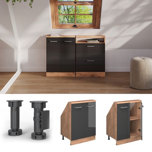 Meuble De Rangement Sous Pente Rion 56117 Anthracite Brillant/chêne Doré Avec 2 Portes