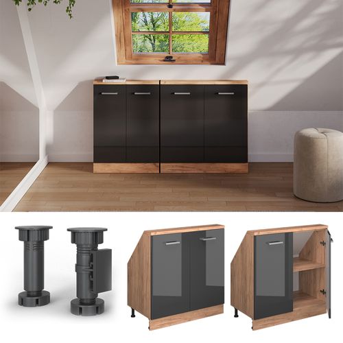 Meuble De Rangement Sous Pente Rion 56156 Anthracite Brillant/chêne Doré Avec 2 Portes