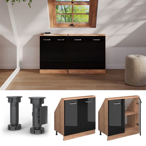 Meuble De Rangement Sous Pente Rion 56165 Noir Brillant/chêne Doré Avec 2 Portes
