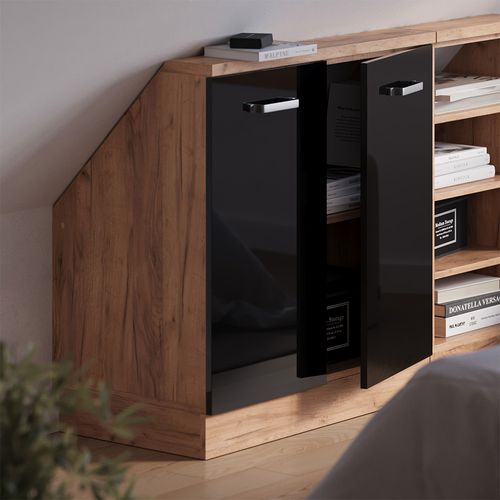 Meuble De Rangement Sous Pente Rion 56165 Noir Brillant/chêne Doré Avec 2 Portes