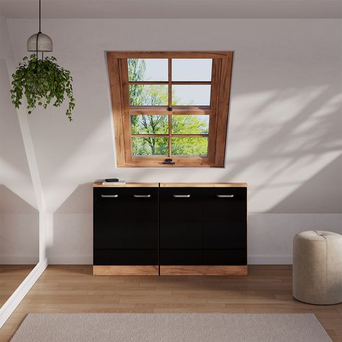 Meuble De Rangement Sous Pente Rion 56165 Noir Brillant/chêne Doré Avec 2 Portes