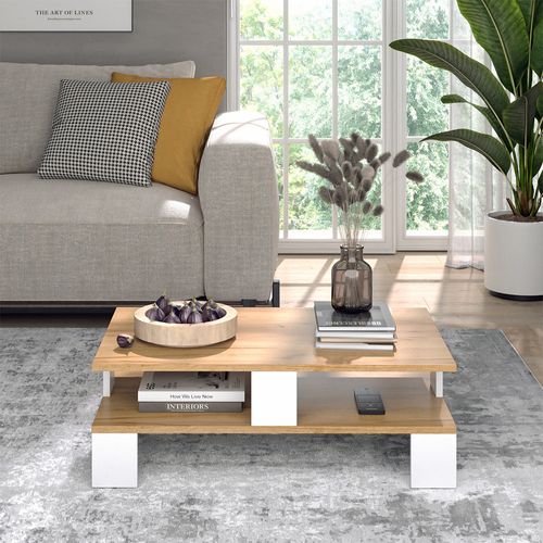 Table Basse Belina 56266 Chêne Doré/blanc 80x50cm Avec Deux Niveaux