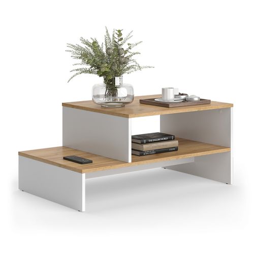 Table Basse Amely 56267 Chêne Doré/blanc 90x55cm Avec Étagère