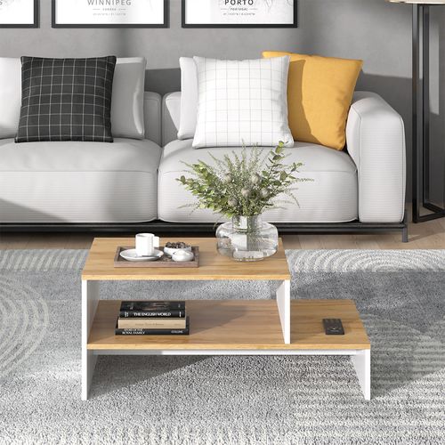 Table Basse Amely 56267 Chêne Doré/blanc 90x55cm Avec Étagère