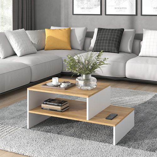 Table Basse Amely 56267 Chêne Doré/blanc 90x55cm Avec Étagère