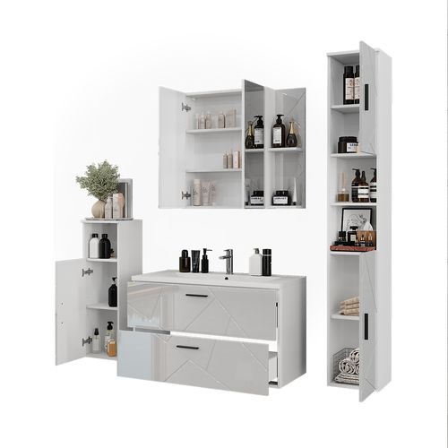 Ensemble De Meubles De Salle De Bain Irma 56340 Blanc/blanc Brillant 5 Pièces