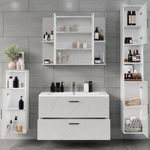 Ensemble De Meubles De Salle De Bain Irma 56340 Blanc/blanc Brillant 5 Pièces