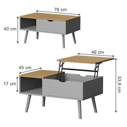 Table Basse Stora 56373 Gris 76x45cm Avec Fonction De Levage