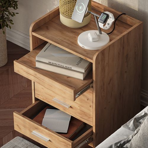 Table De Nuit Edis 56396 Chêne De Force Doré 45x64cm Avec 3 Tiroirs