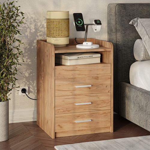 Table De Nuit Edis 56396 Chêne De Force Doré 45x64cm Avec 3 Tiroirs