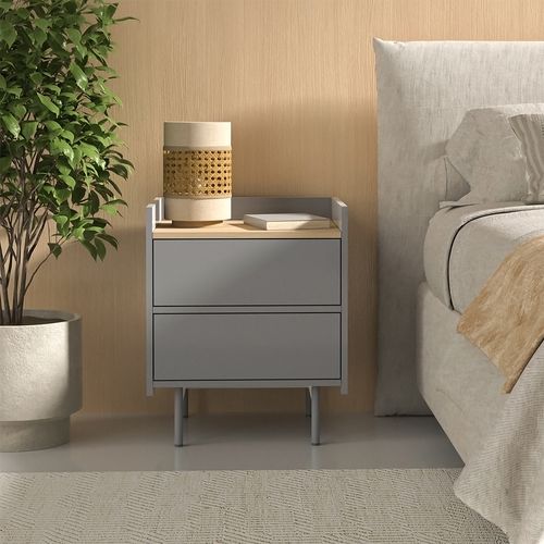 Table De Chevet Velina 56419 Gris 48x58cm Avec 2 Tiroirs