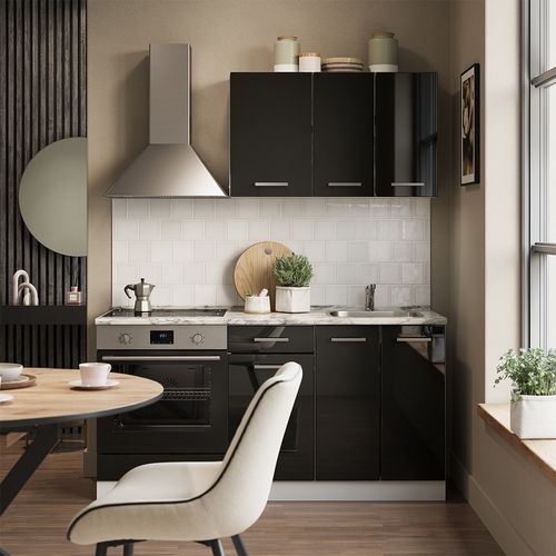 Cuisine R-line 56470 Noir Brillant/blanc 160cm Avec Meuble Four Encastrable Sans Pt