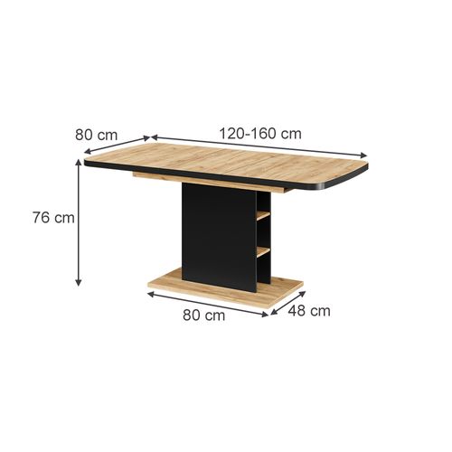 Table à Manger Extensible Fenaro, Noir/chêne, 120/160x80cm Avec Compartiments Ouverts