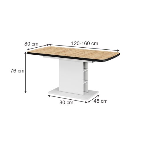 Table à Manger Extensible Fenaro, Chêne Noir/doré/blanc, 120/160x80cm Avec Compartiments Ouverts