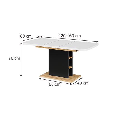 Table à Manger Extensible Fenaro, Chêne Blanc/noir/doré, 120/160x80cm Avec Compartiments Ouverts