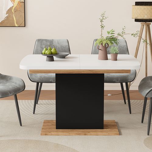 Table à Manger Extensible Fenaro, Chêne Blanc/noir/doré, 120/160x80cm Avec Compartiments Ouverts
