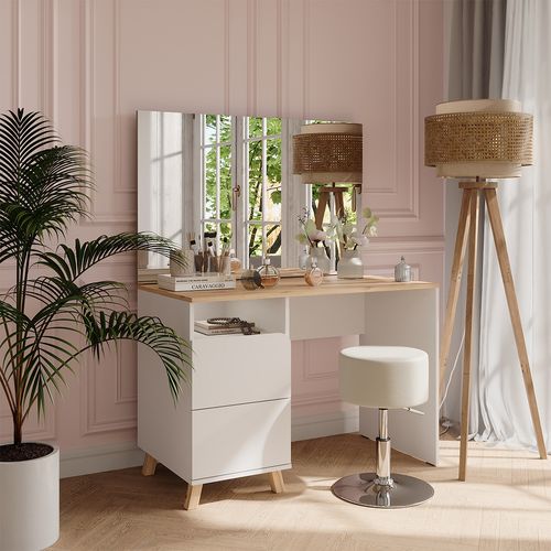 Coiffeuse Karen 56529 Blanc/artisan 110cm Avec Tabouret