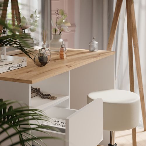Coiffeuse Karen 56533 Blanc/artisan 110cm Avec Tabouret Et Miroir LED