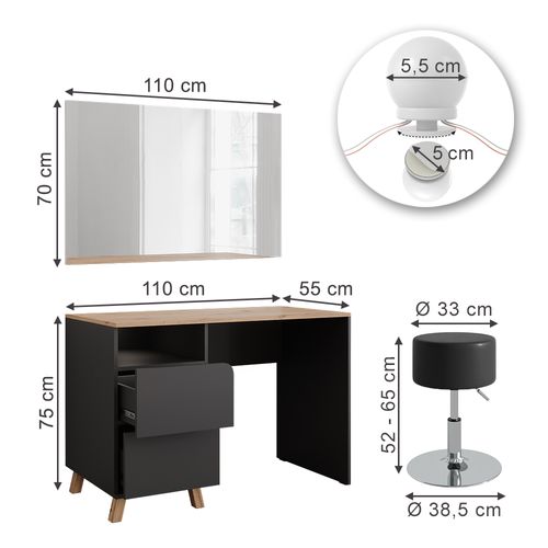 Coiffeuse Karen 56538 Anthracite/artisan 110cm Avec Tabouret Et Guirlande Lumineuse LED