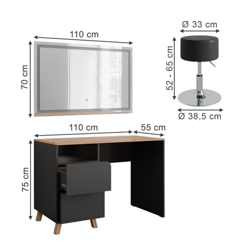 Coiffeuse Karen 56540 Anthracite/artisan 110cm Avec Tabouret Et Miroir LED