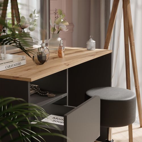 Coiffeuse Karen 56540 Anthracite/artisan 110cm Avec Tabouret Et Miroir LED