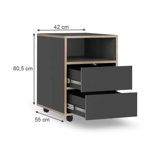 Caisson Roulant Tetrix 56549 Anthracite 42x55cm Avec Étagères Et 2 Tiroirs