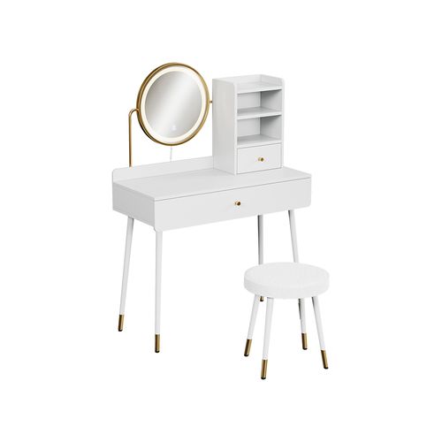Coiffeuse Mirela 56651 Blanc 90cm Avec Miroir LED Et Tabouret