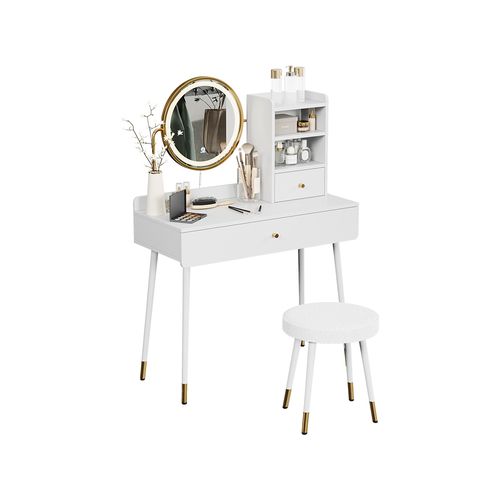 Coiffeuse Mirela 56651 Blanc 90cm Avec Miroir LED Et Tabouret
